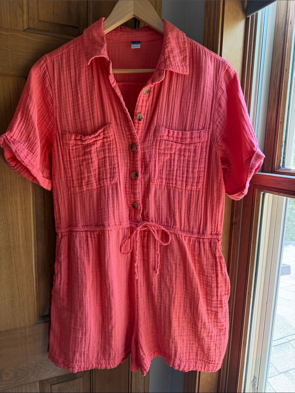 Old Navy 100% Cotton Coral Crinkle Gauze Button-Front Waist Defined Romper